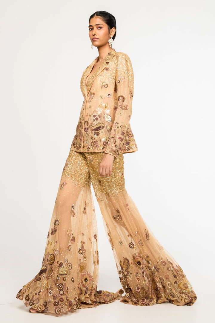 Garden Of Time Hand-Embroidered Jacket with Trousers in Nude and Bronze
