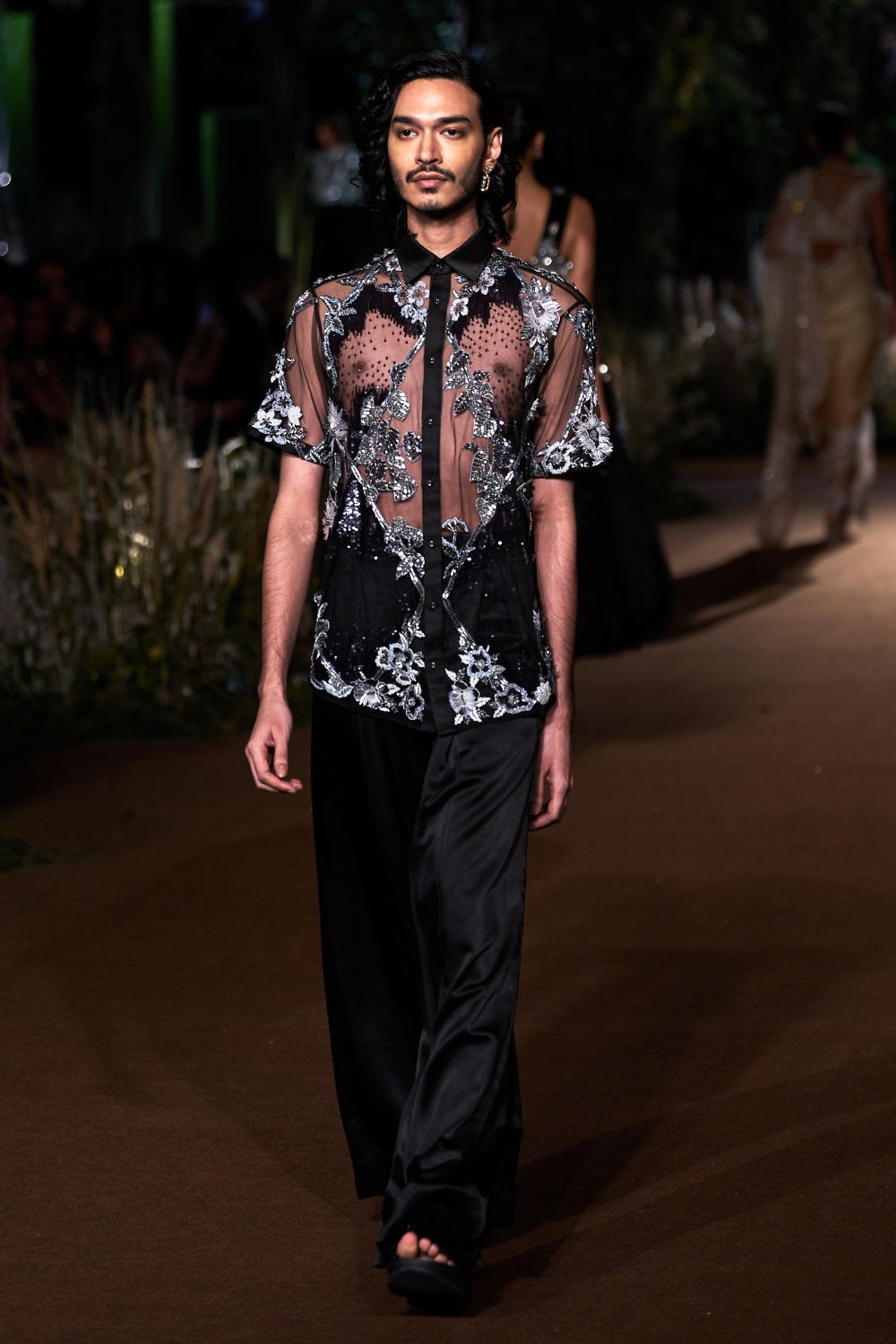 Sundarbans Hand-Embroidered Shirt with Sequinence Hand-Sequinned Trousers in Black and Grey