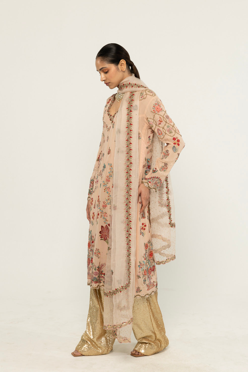 Chintz Hand-Embroidered Kurta Set in Peach
