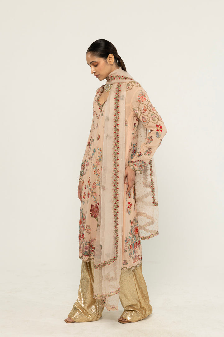 Chintz Hand-Embroidered Kurta Set in Peach