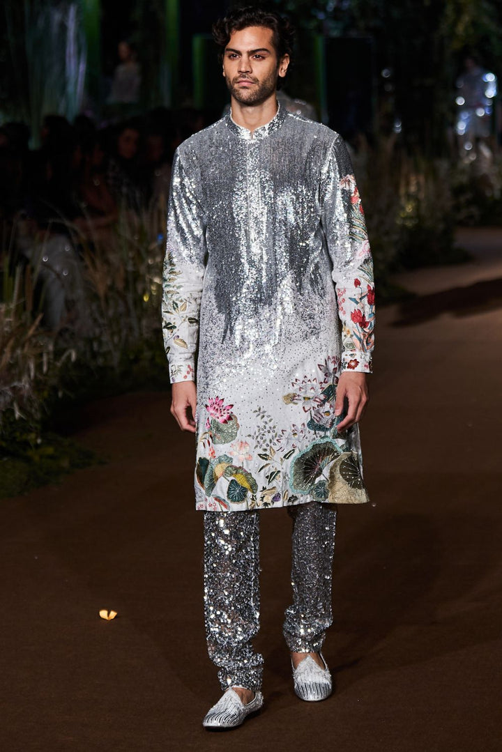 Padma Hand-Embroidered Kurta with Sequinence Hand-Sequinned Trousers in Ivory and Silver