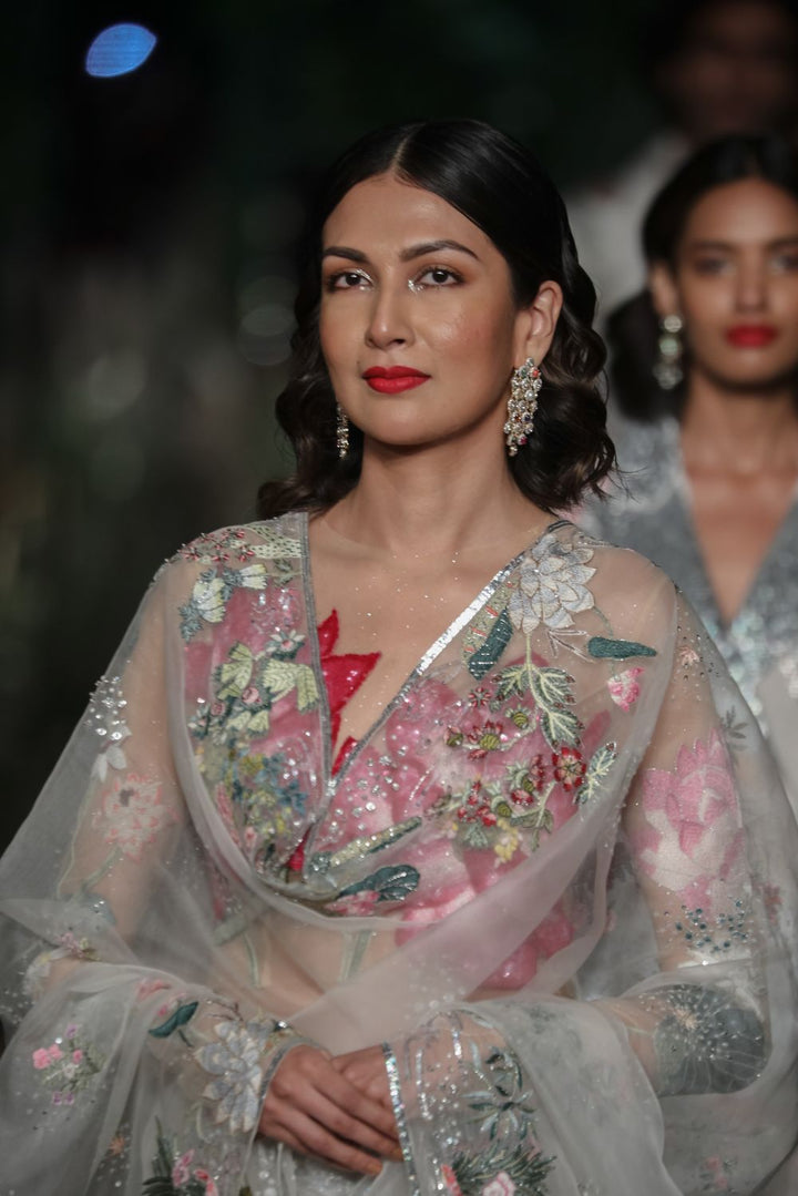 Padma Silk Organza Lehenga with Sundarbans Hand-Embroidered Blouse and Dupatta in Rose Pink, Nude, and Multi