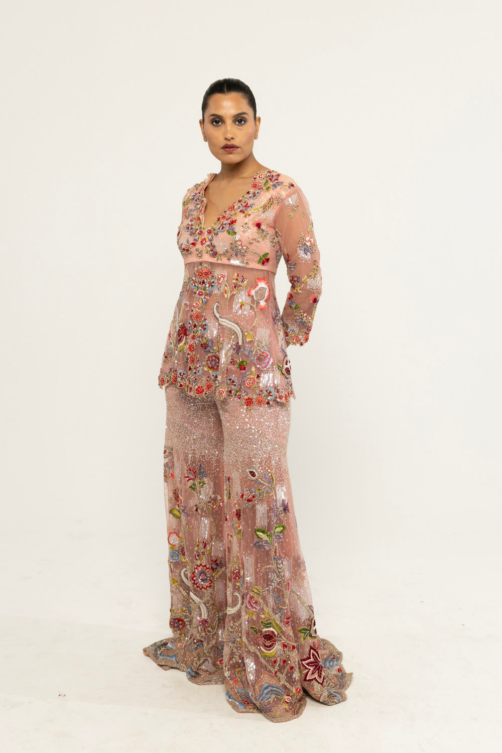 Anar Bel Hand-Embroidered Sharara Set in Dusty Pink