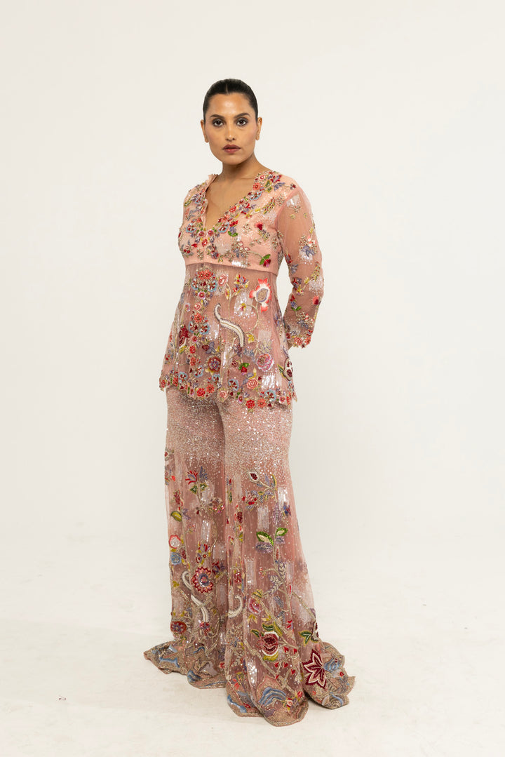 Anar Bel Hand-Embroidered Sharara Set in Dusty Pink