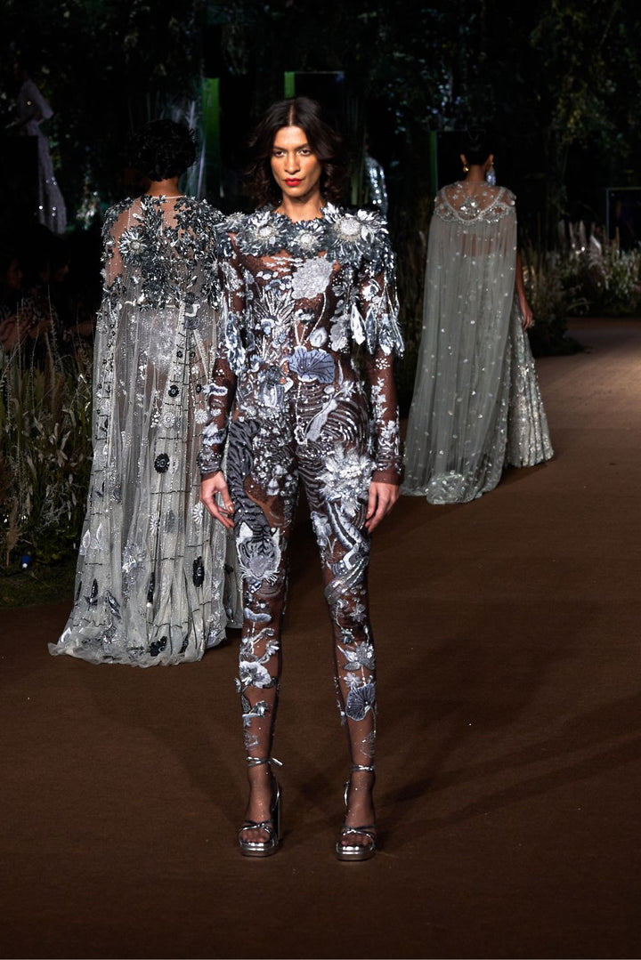 Sundarbans Hand-Embroidered Bodysuit in Black and Grey