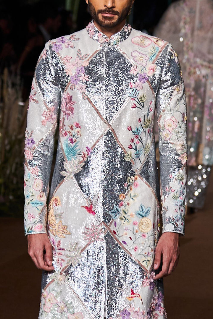 Sundarbans Embroidered Sherwani with Sequin Trousers in Ivory and Silver