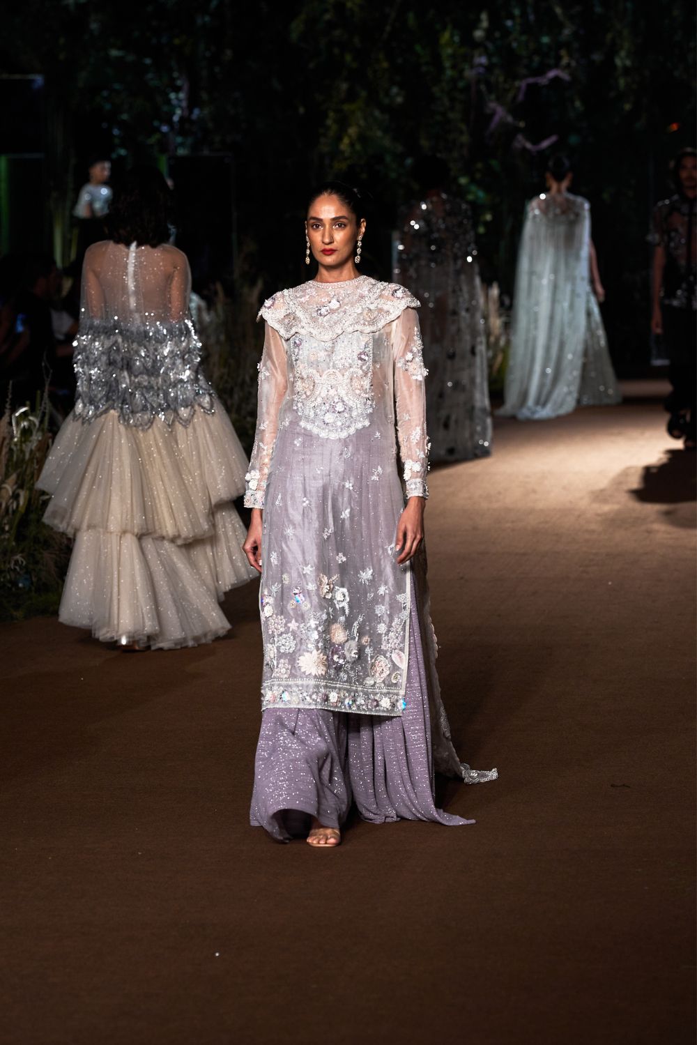 Khwabida Silk Organza Kurta with Sequinence Bralette, Lattice Cape, and Classic Hand-Embroidered Trousers in Ivory and Lavender