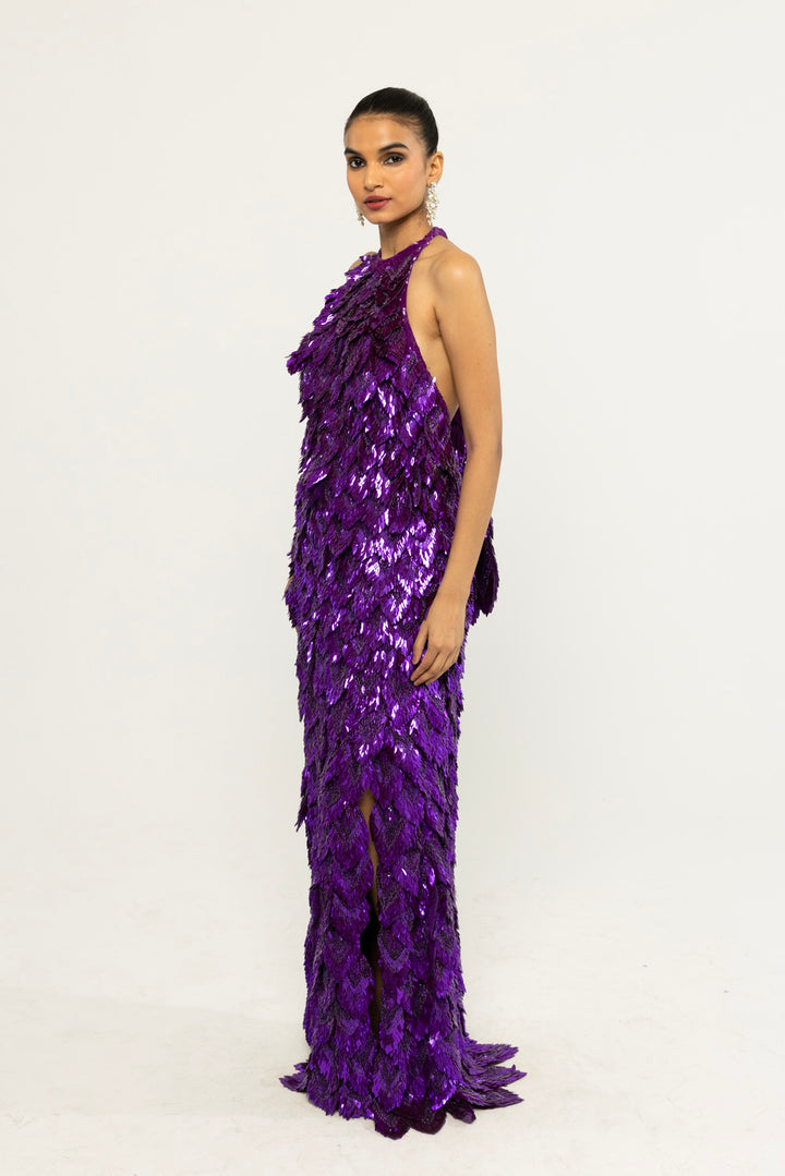 Iris Hand-Embroidered Gown in Purple