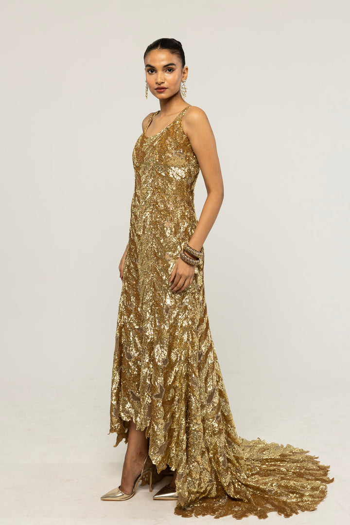 Textured Leaf Hand-Embroidered Gown in Nude and Gold
