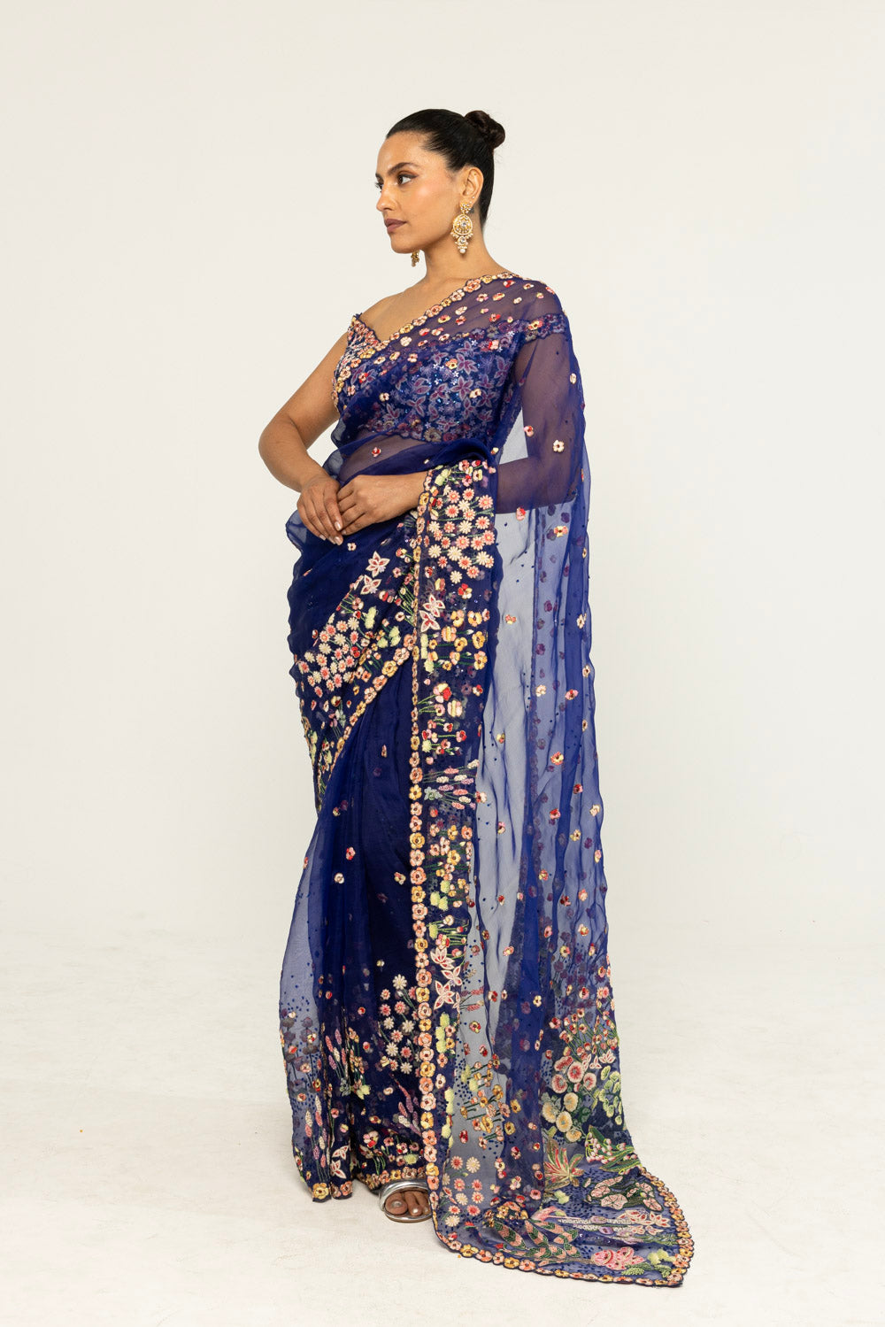 Verdure Hand-Embroidered Saree Set in Ink Blue