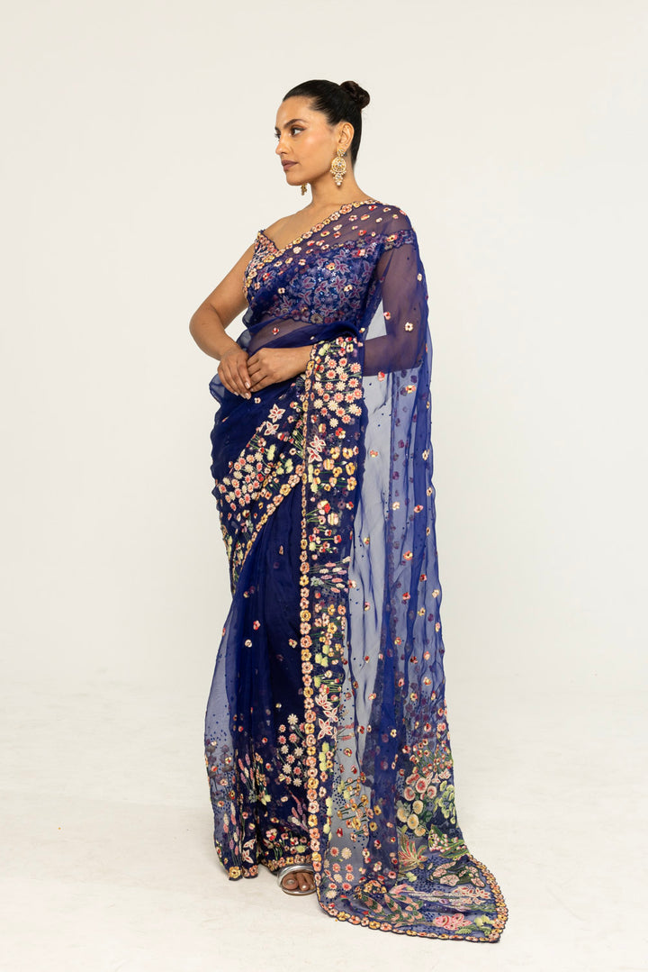 Verdure Hand-Embroidered Saree Set in Ink Blue