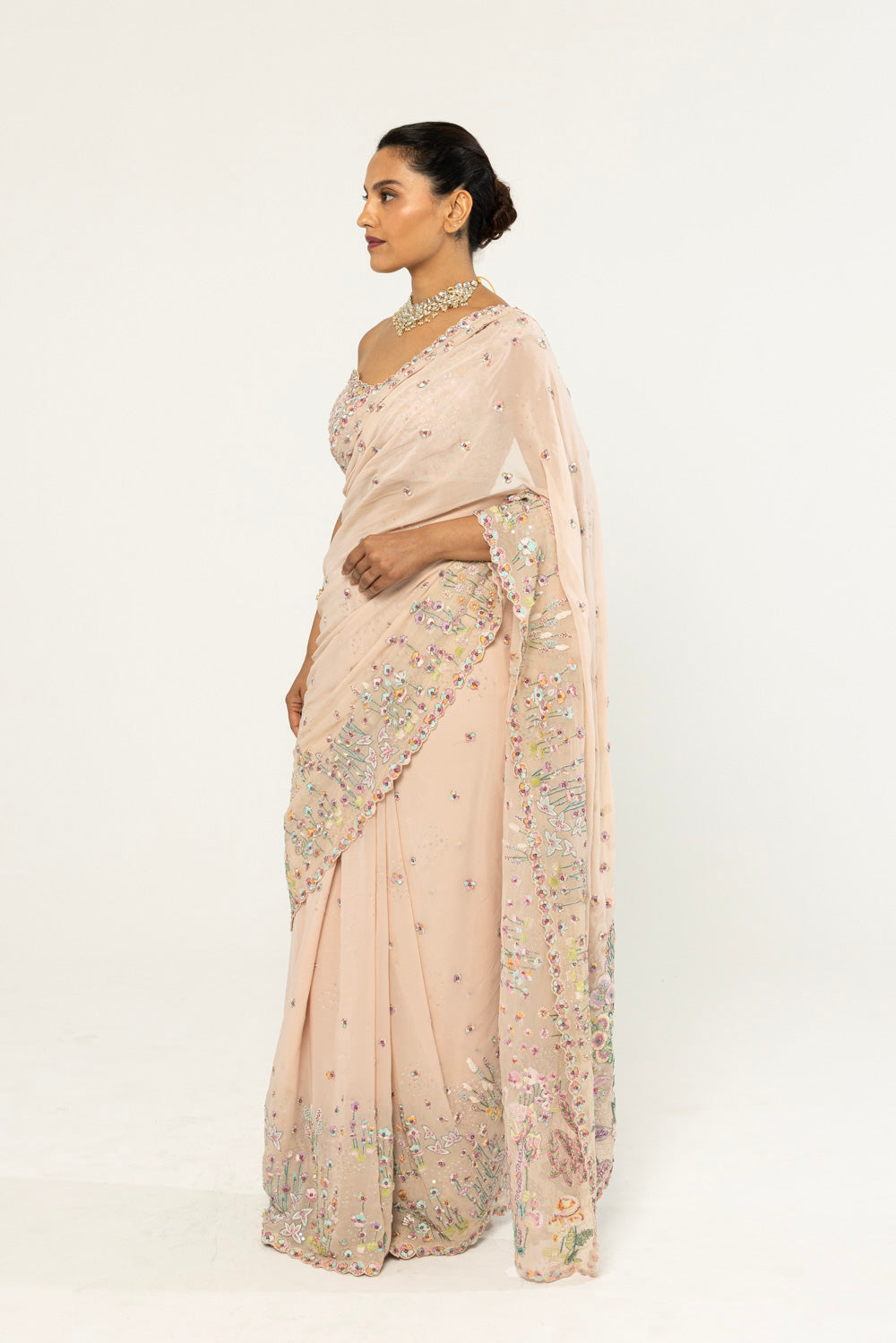 Verdure Hand-Embroidered Saree Set in Pale Pink