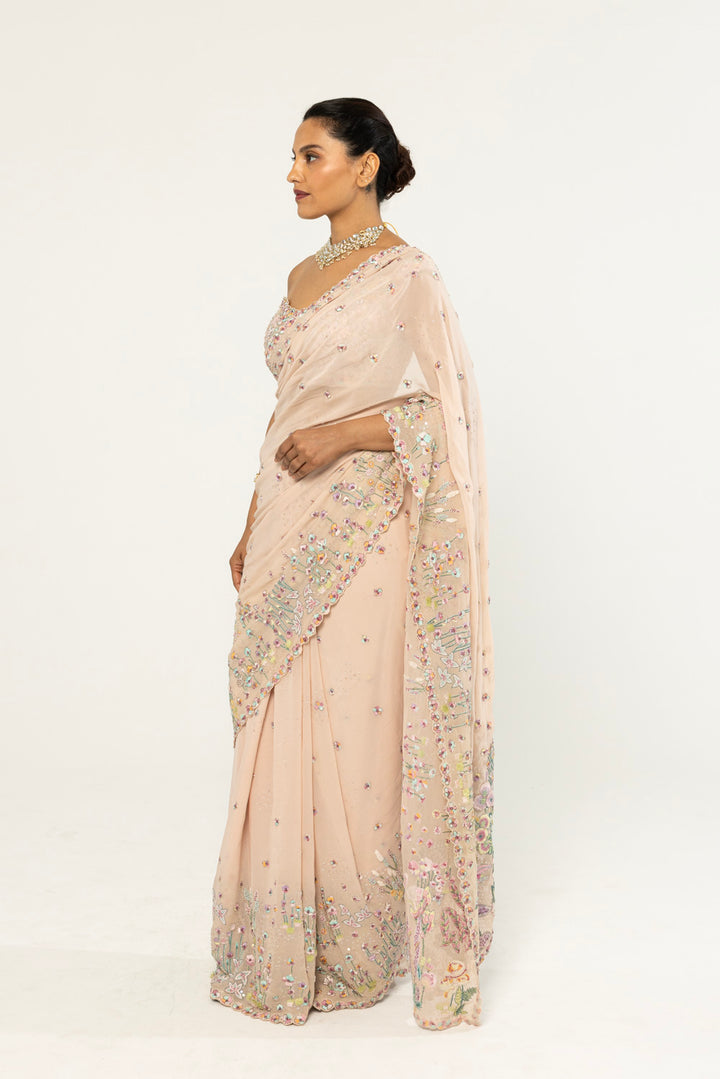 Verdure Hand-Embroidered Saree Set in Pale Pink