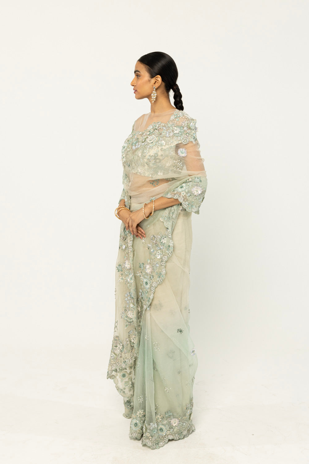 Himadri Hand-Embroidered Saree Set in Mint Ombre and Ivory