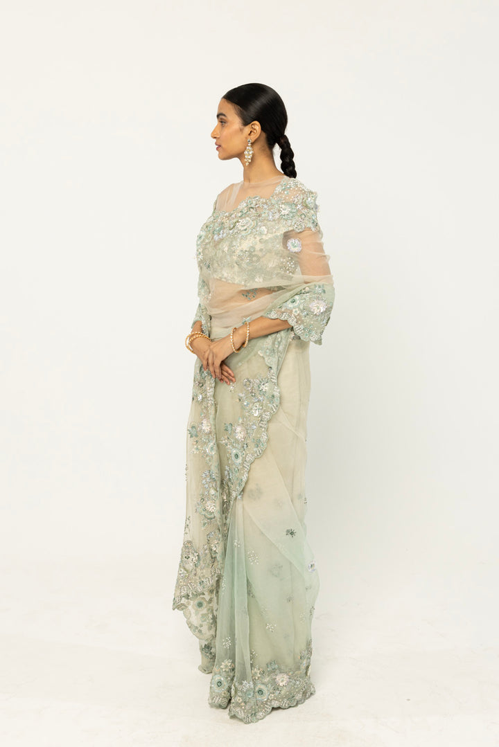 Himadri Hand-Embroidered Saree Set in Mint Ombre and Ivory