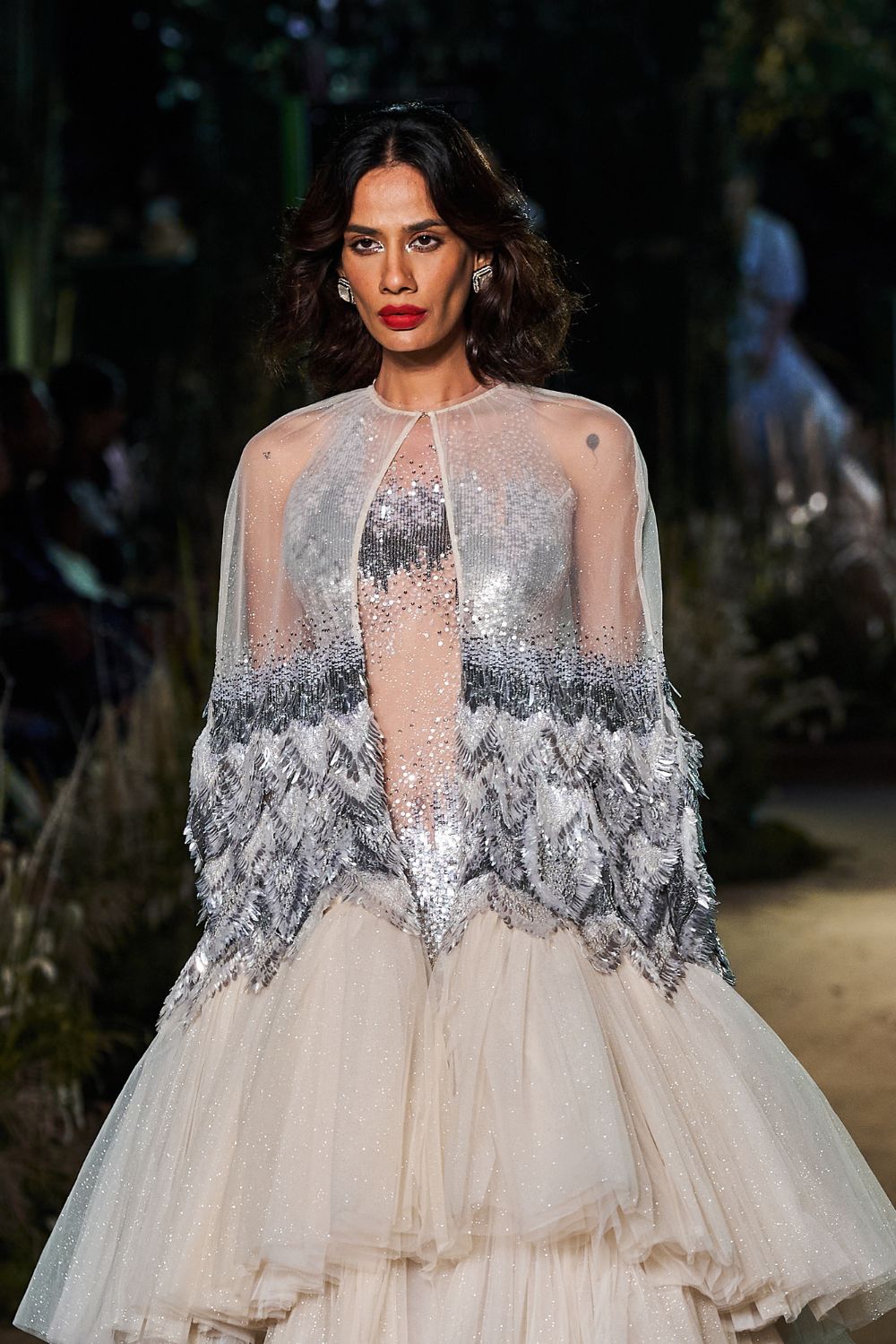 Iris Hand-Embroidered Cape with Classic Hand-Embroidered Leotard in Ivory and Silver