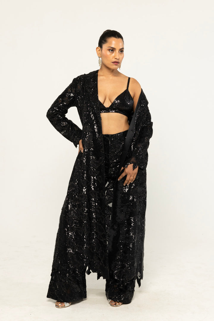Textured Leaf Hand-Embroidered Trench Co-ord Set in Black