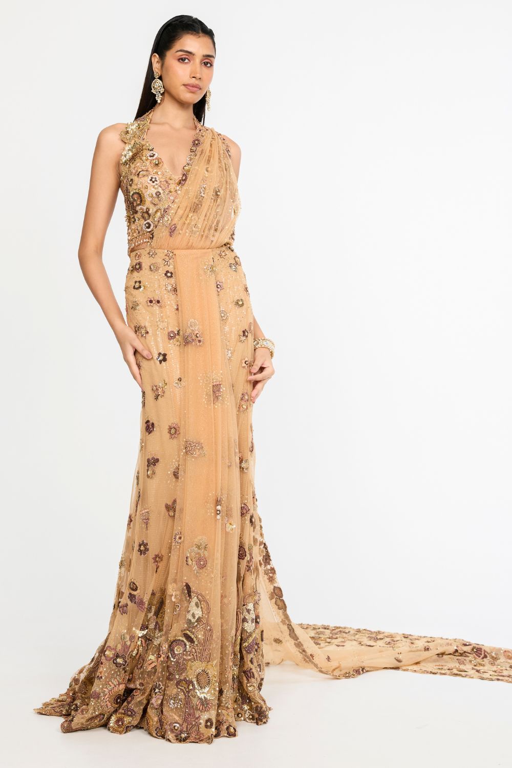 Garden Of Time Hand-Embroidered Blouse with Saree in Nude and Bronze