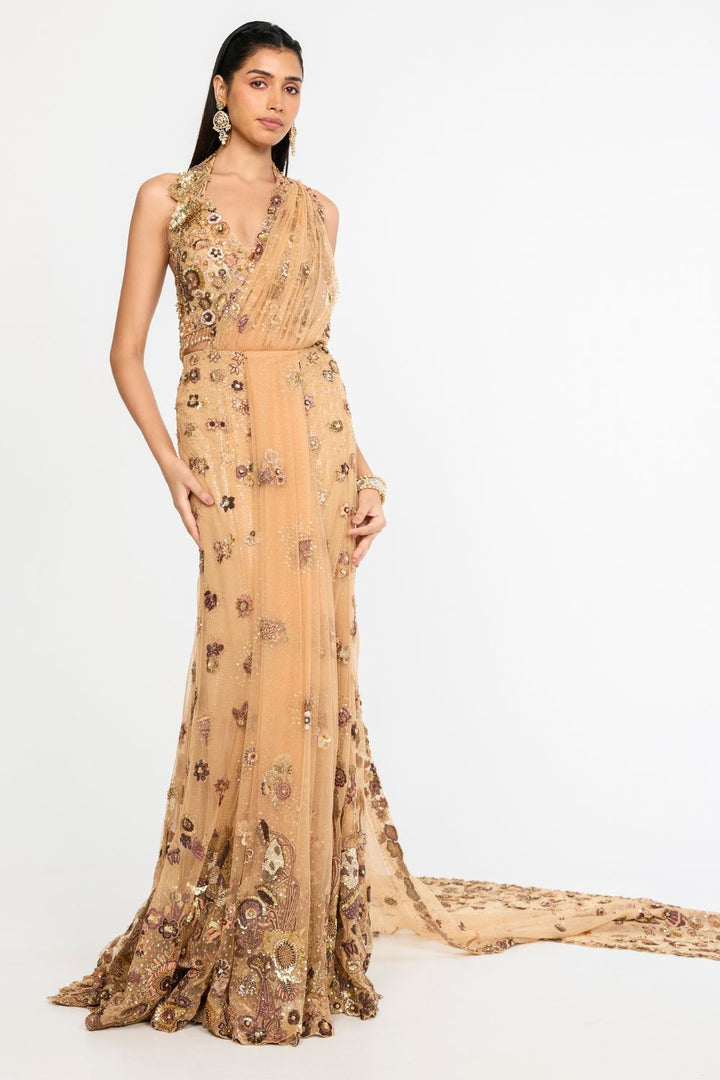 Garden Of Time Hand-Embroidered Blouse with Saree in Nude and Bronze