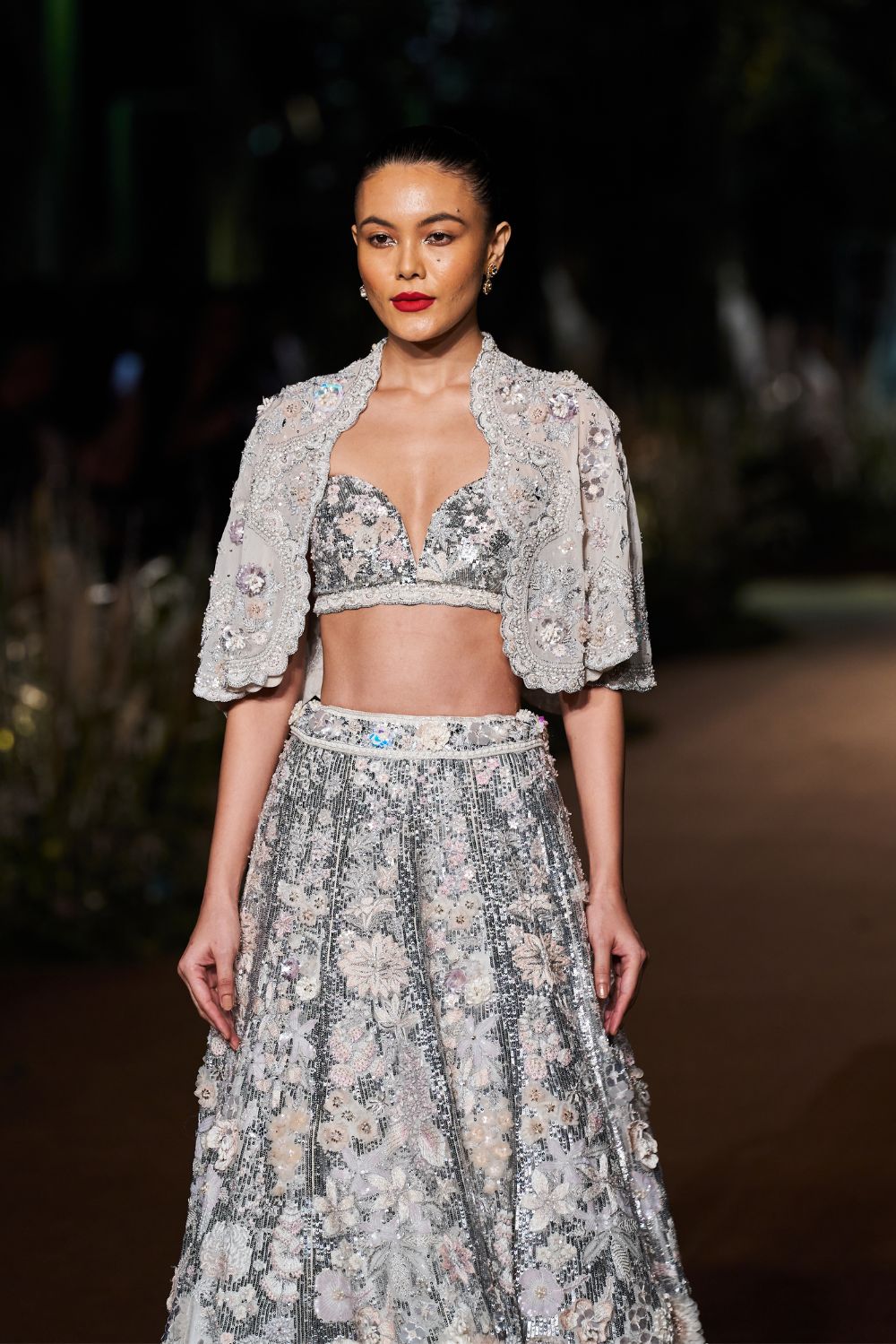 Himadri Silk Organza Lehenga Set with Blouse and Silk Georgette Cape in Ivory and Silver