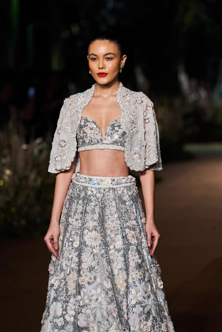 Himadri Silk Organza Lehenga Set with Blouse and Silk Georgette Cape in Ivory and Silver