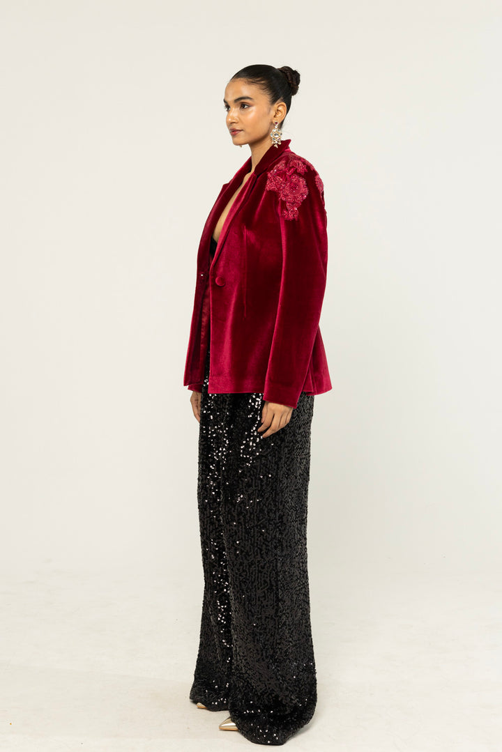 Anar Bel Hand-Embroidered Jacket in Burgundy