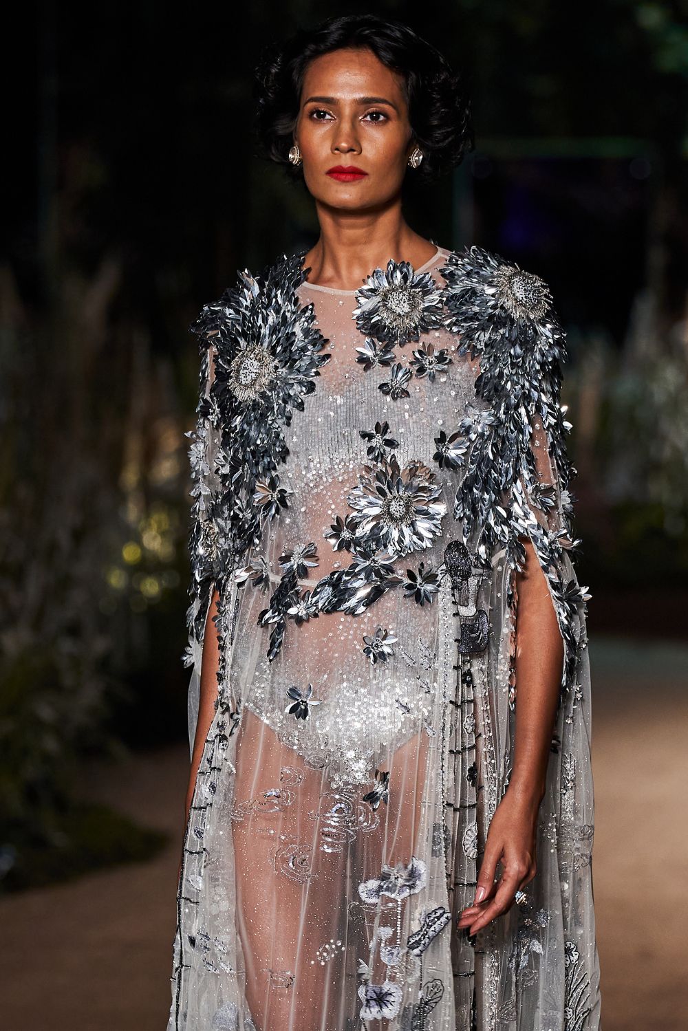 Padma Hand-Embroidered Gown with Classic Hand-Embroidered Leotard in Ivory and Silver