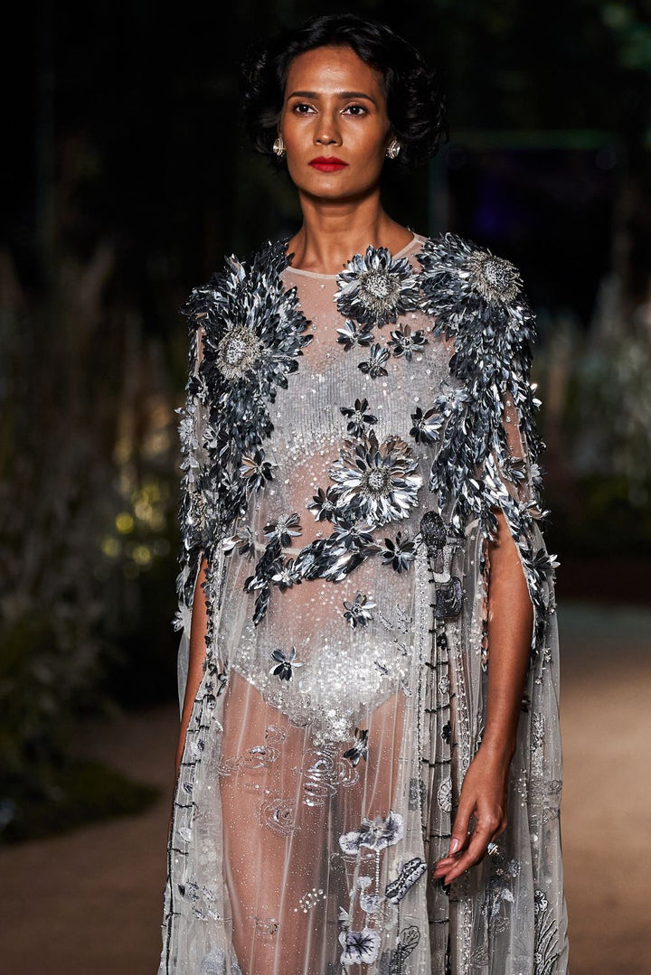 Padma Hand-Embroidered Gown with Classic Hand-Embroidered Leotard in Ivory and Silver
