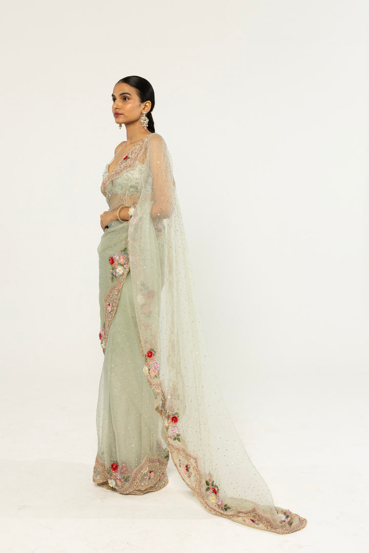 Himadri Hand-Embroidered Saree Set in Mint