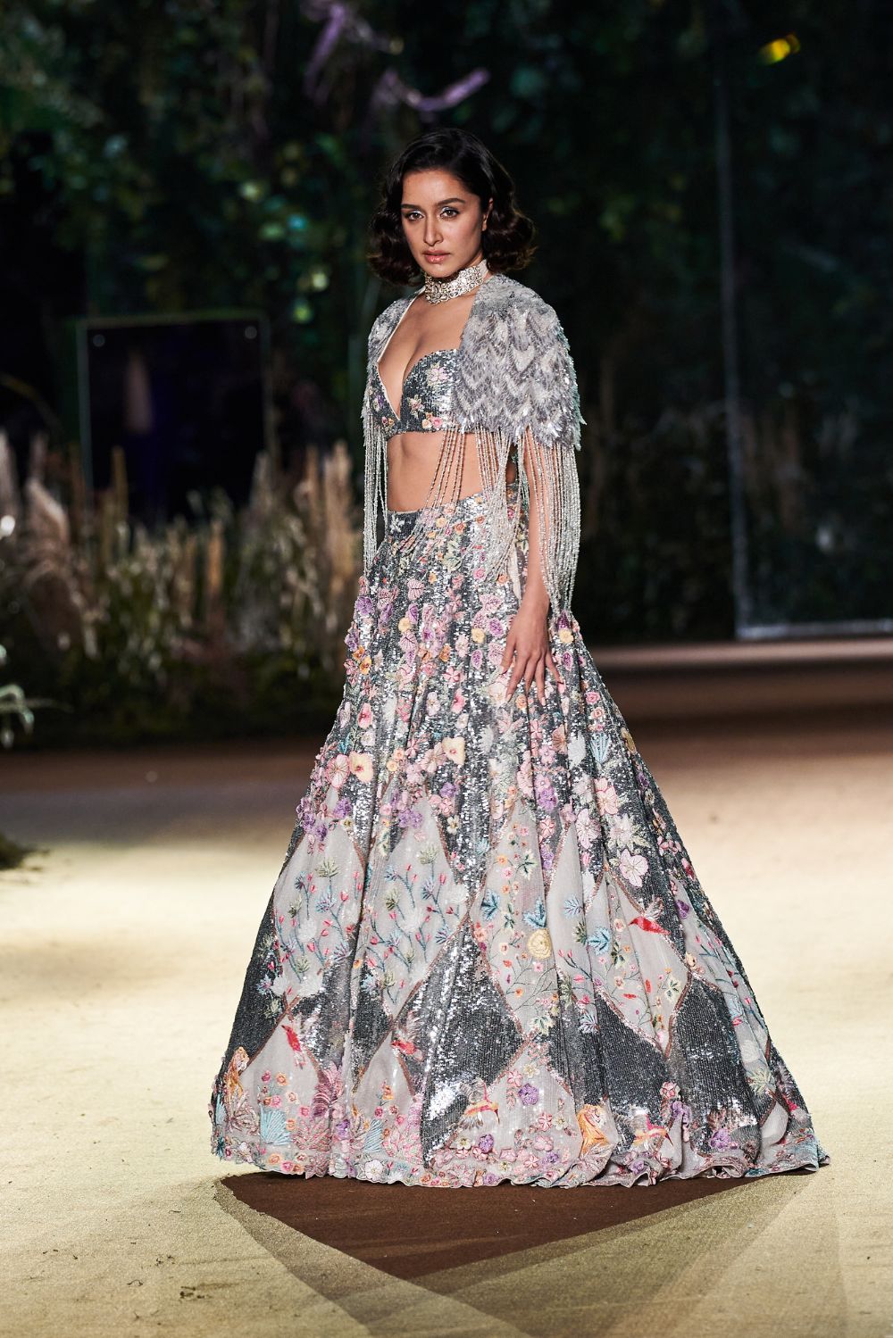 Sundarbans Silk Organza Lehenga with Hand-Embroidered Blouse and Iris Cape in Gold, Ivory, and Multi