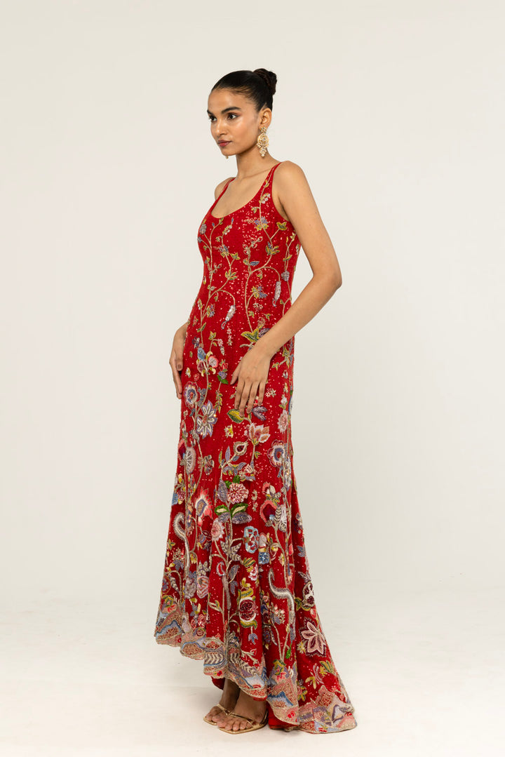 Anar Bel Hand-Embroidered Gown in Red
