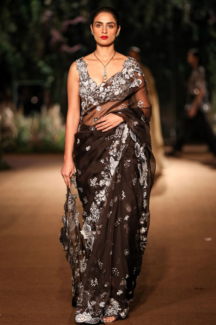 Sundarbans Silk Organza Saree with Hand-Embroidered Blouse in Brown and Silver