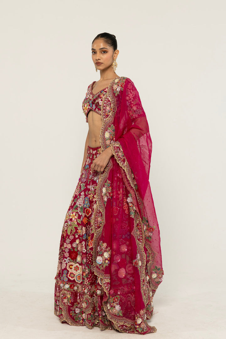 Himadri Hand-Embroidered Lehenga Set in Ruby