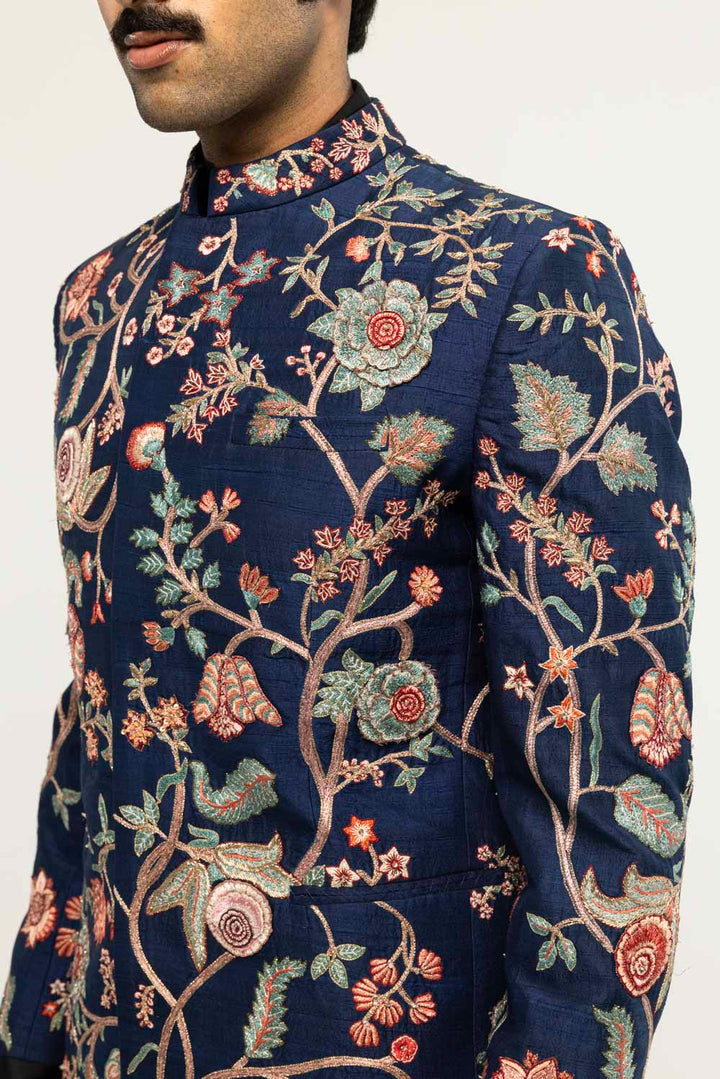 Anar Bel Hand-Embroidered Bandhgala in Navy