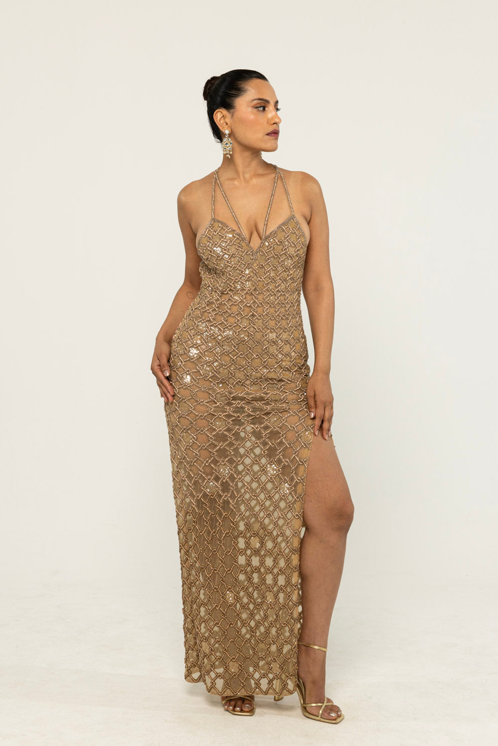 Lattice Hand-Embroidered Gown in Nude
