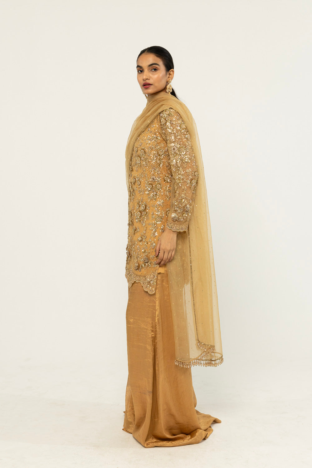 Himadri Hand-Embroidered Sharara Set in Copper Gold