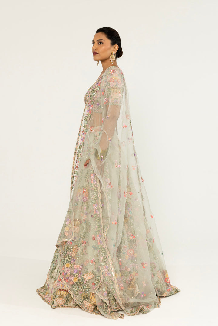 Guldasta Hand-Embroidered Lehenga Set in Mint