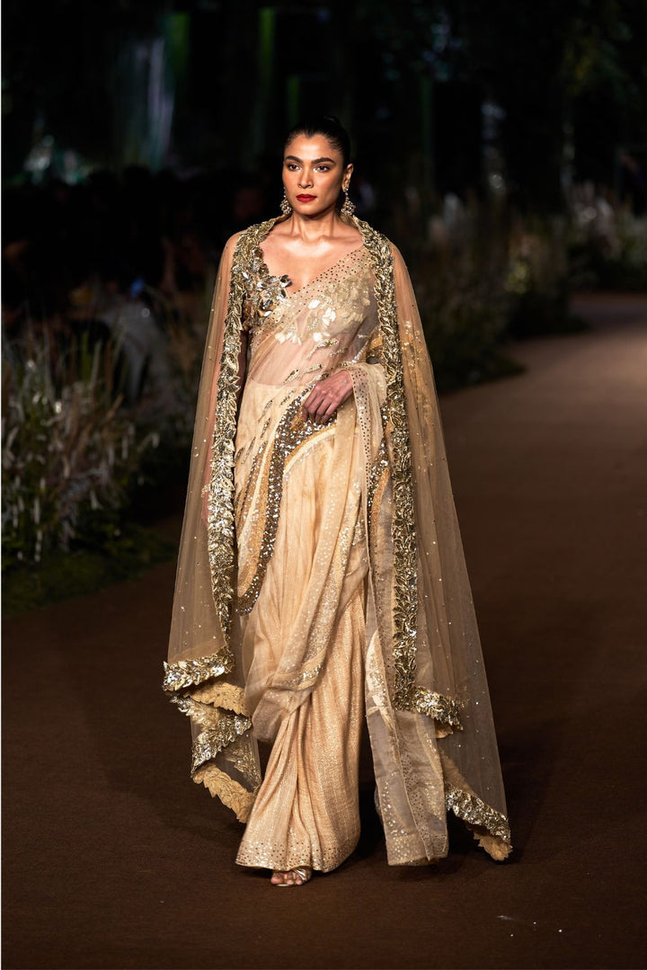 Water Wave 3D Hand-Embroidered Saree with Verdure Blouse and Tree Of Life Dupatta in Nude and Gold
