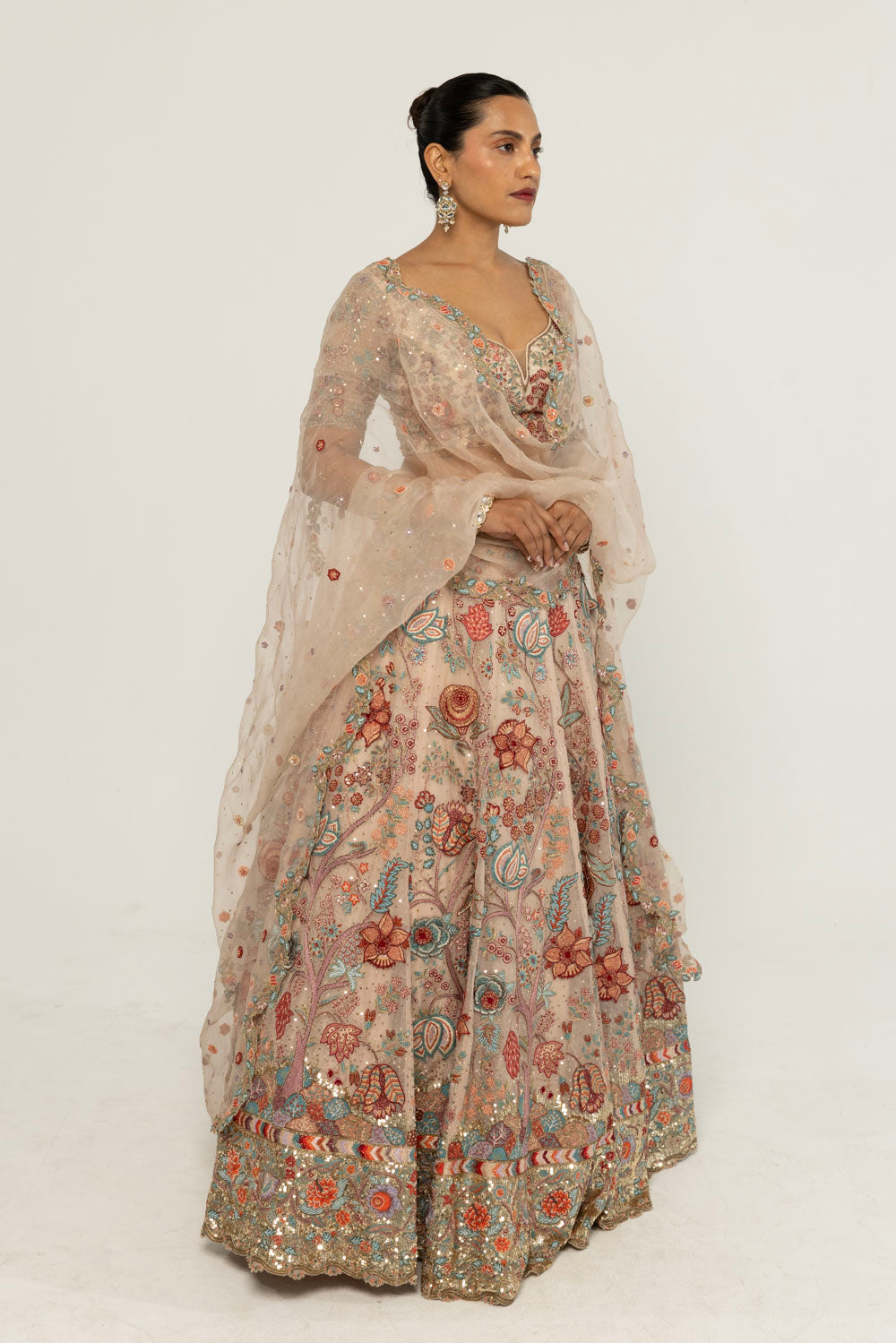 Chintz Hand-Embroidered Lehenga Set in Pastel Peach