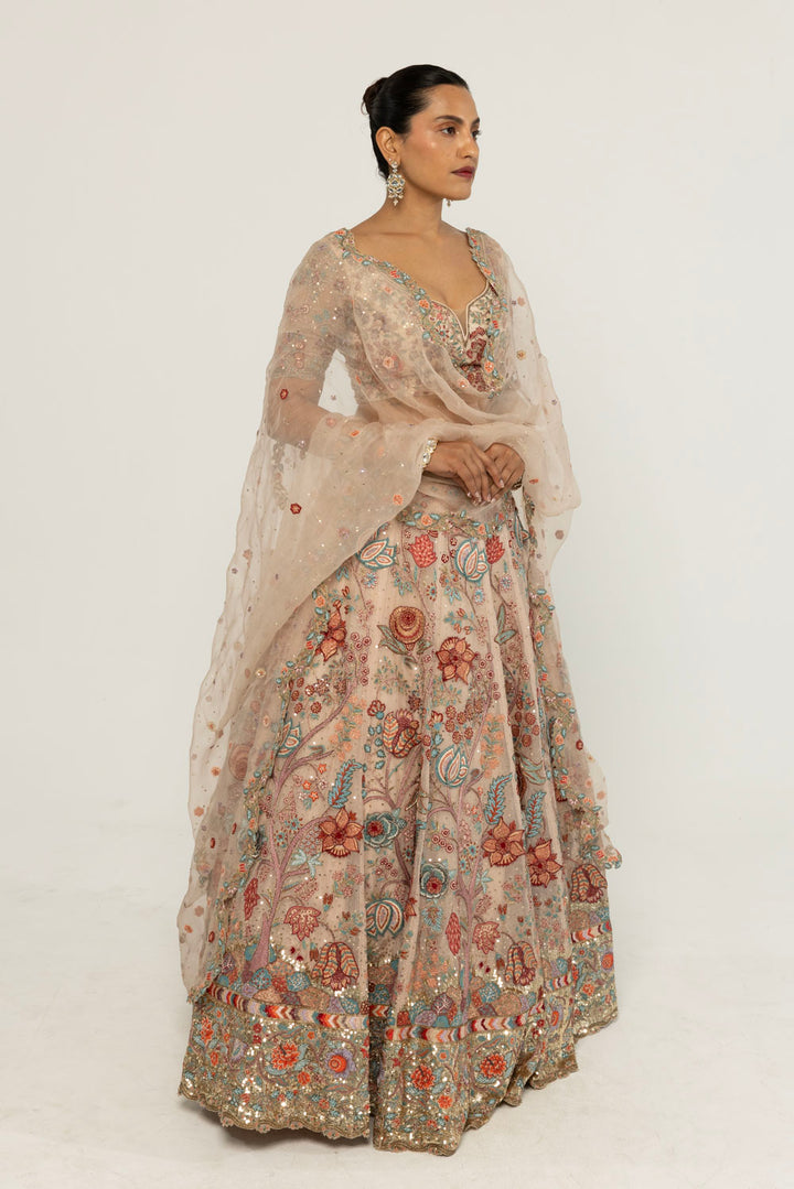 Chintz Hand-Embroidered Lehenga Set in Pastel Peach