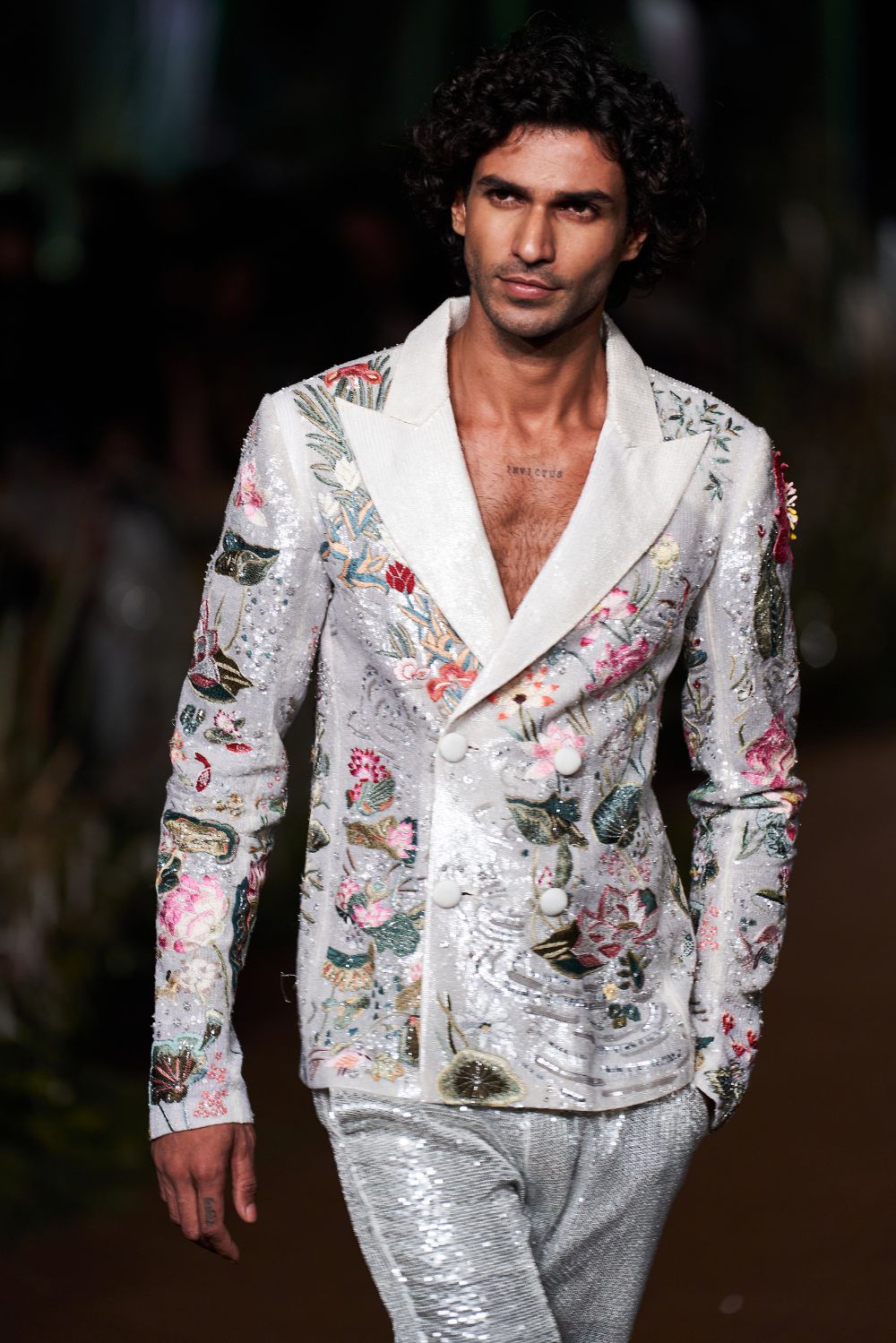Padma Silk Organza Jacket with Sequinence Hand-Sequinned Trousers in Ivory, Multi, and Silver