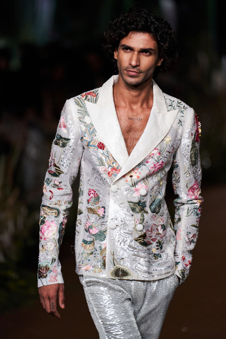 Padma Silk Organza Jacket with Sequinence Hand-Sequinned Trousers in Ivory, Multi, and Silver