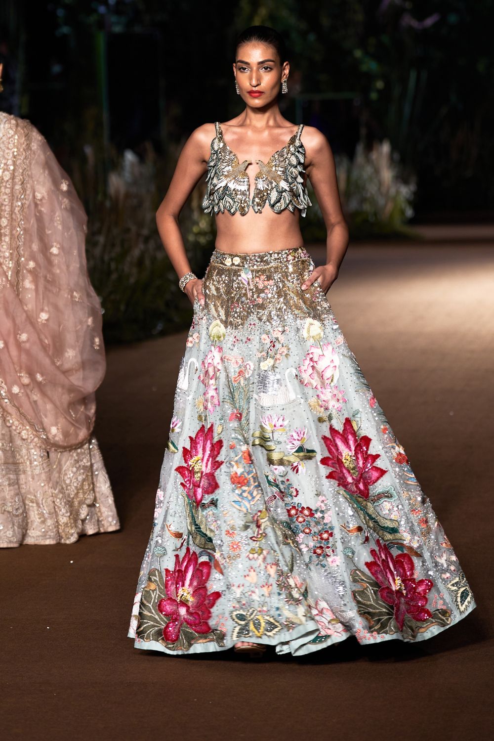 Cosmos Silk Organza Blouse with Sundarbans Hand-Embroidered Lehenga in Mint and Multi