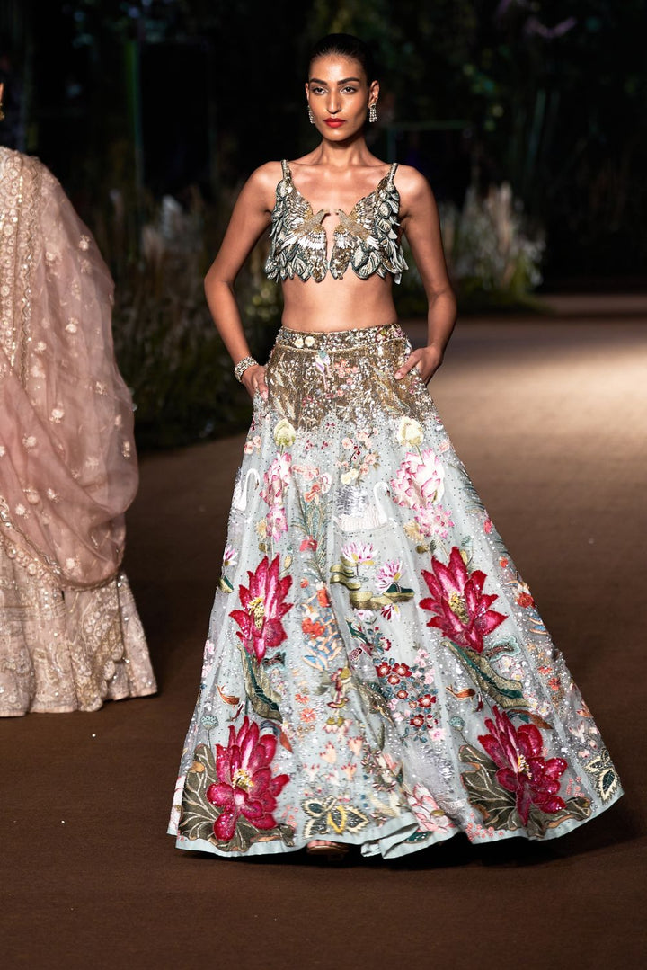 Cosmos Silk Organza Blouse with Sundarbans Hand-Embroidered Lehenga in Mint and Multi