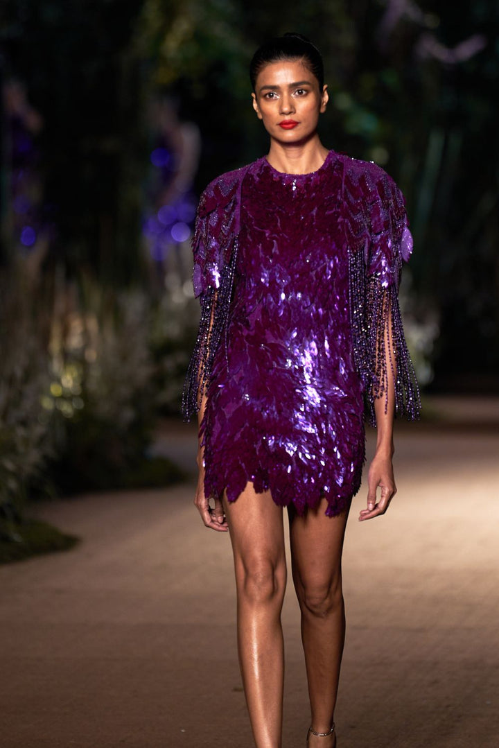 Iris Hand-Embroidered Cape with Dress in Gold and Purple