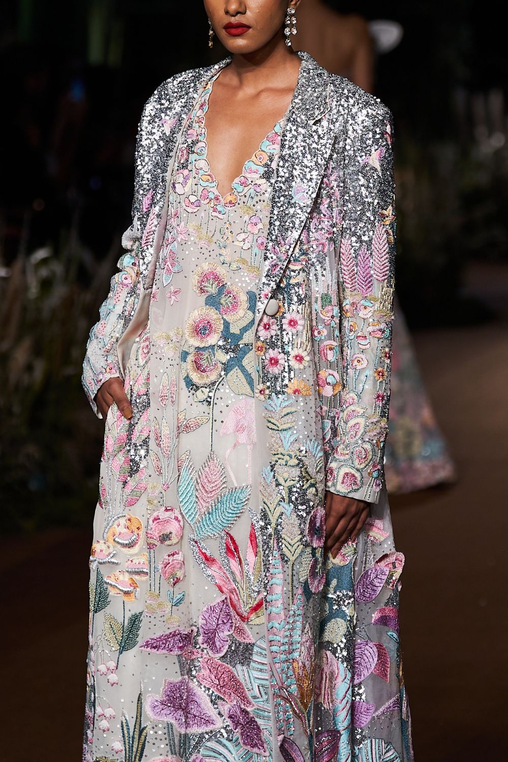 Verdure Pastel Silk Organza Trench Coat with Kurta and Sequinence Hand-Sequinned Trousers in Ivory, Multi, and Black
