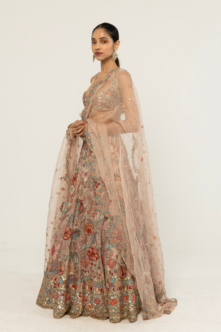Chintz Hand-Embroidered Lehenga Set in Pastel Peach