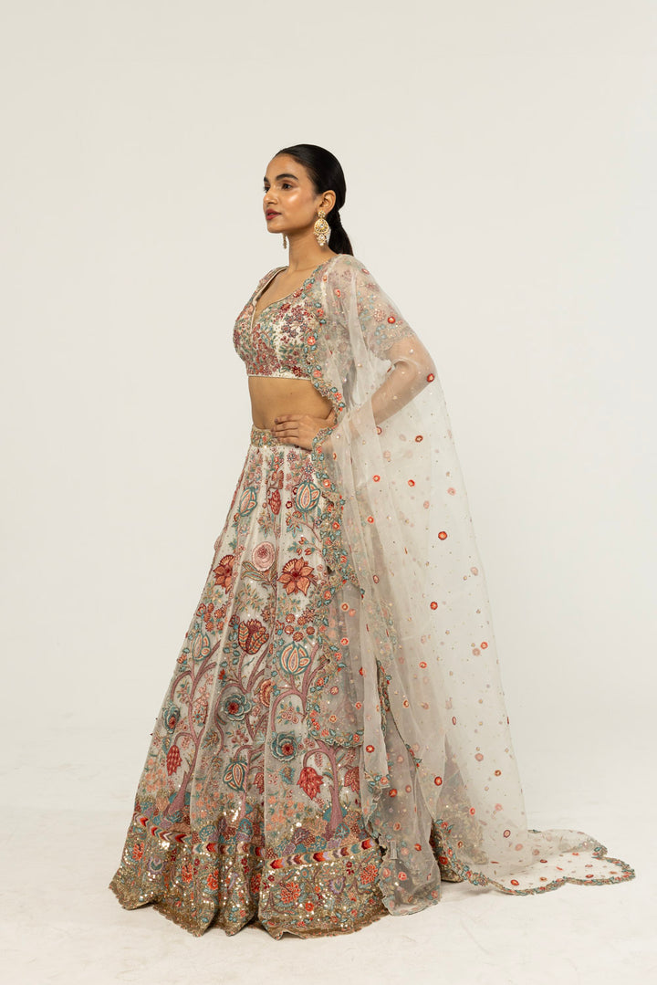 Chintz Hand-Embroidered Lehenga Set in Ivory