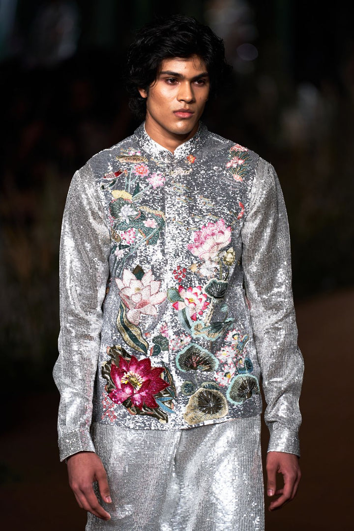 Padma Silk Organza Bandi with Classic Hand-Sequinned Kurta and Sequinence Trousers in Ivory and Silver