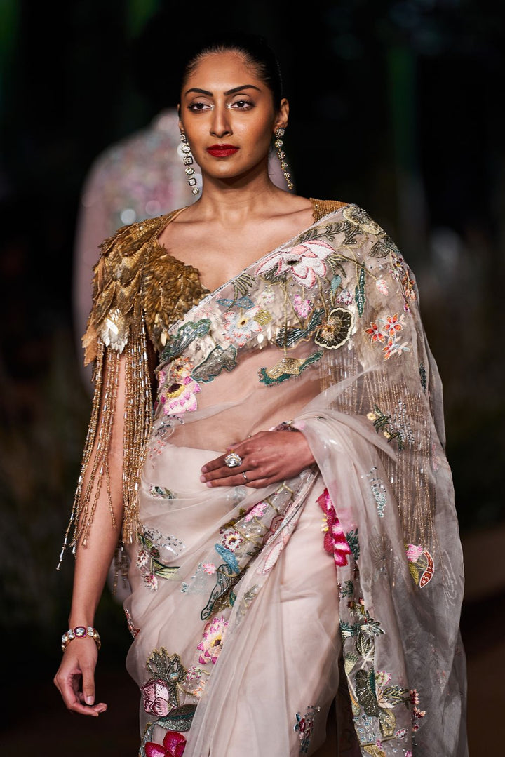 Padma Silk Organza Saree with Iris Hand-Sequinned Blouse and Hand-Embroidered Cape in Rose Pink and Gold